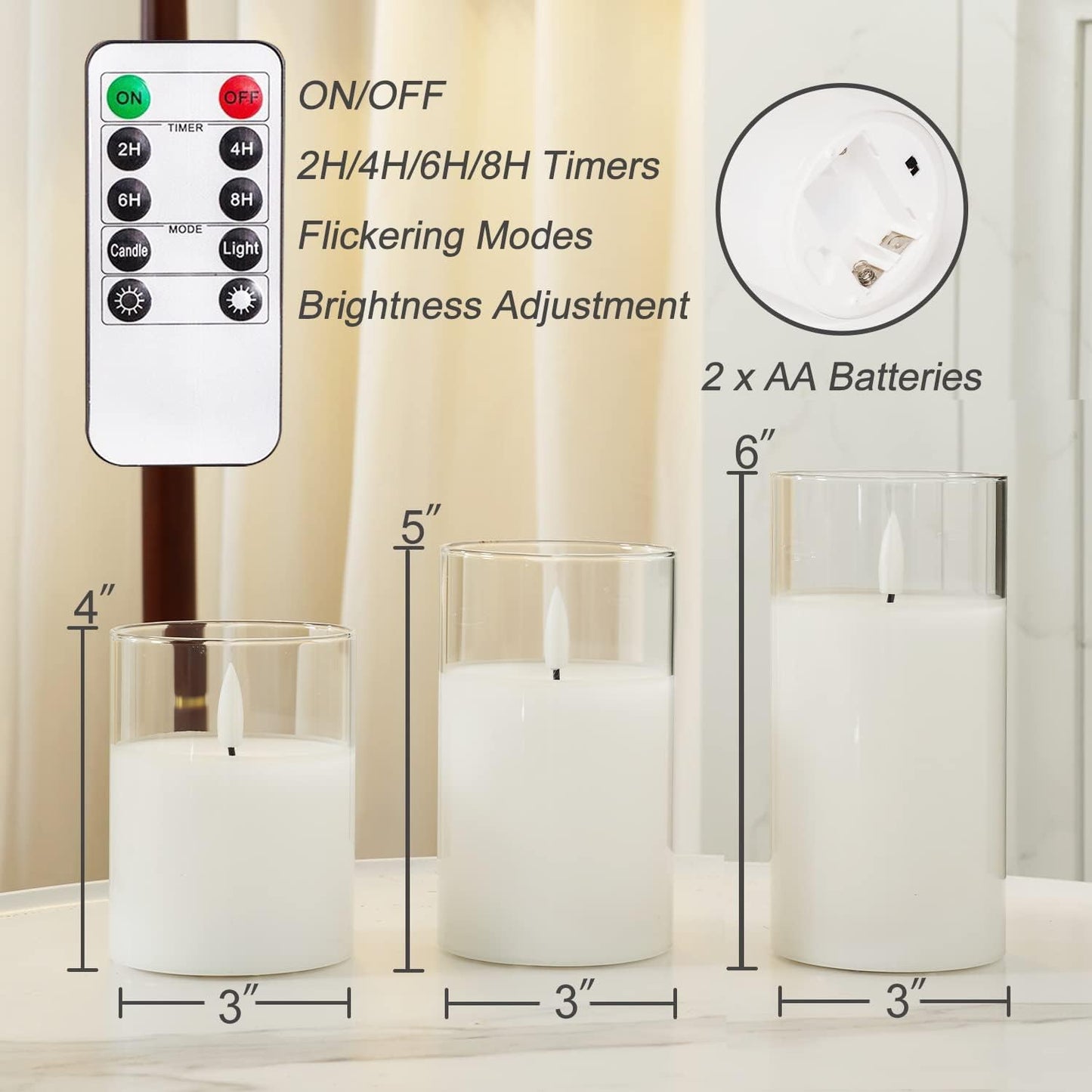 Homemory Clear Glass Flameless Candles, Pure White Wax Battery Operated Candles, LED Pillar Candles with Remote Control and Timers, D3 H4 5" 6", Set of 3