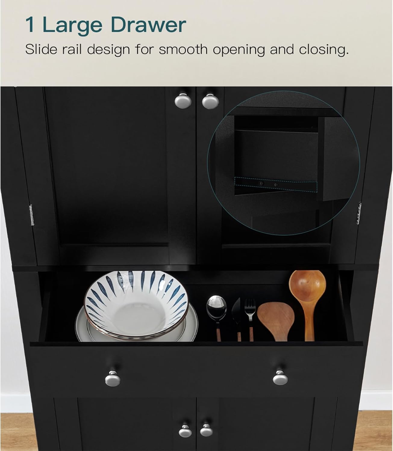 usikey 72” Kitchen Pantry Cabinet, Tall Storage Cabinet with 4 Doors and 1 Drawer, Freestanding Cupboard with 6 Hanging Shelves and Adjustable Shelves for Kitchen, Dining Room,Living Room, Black