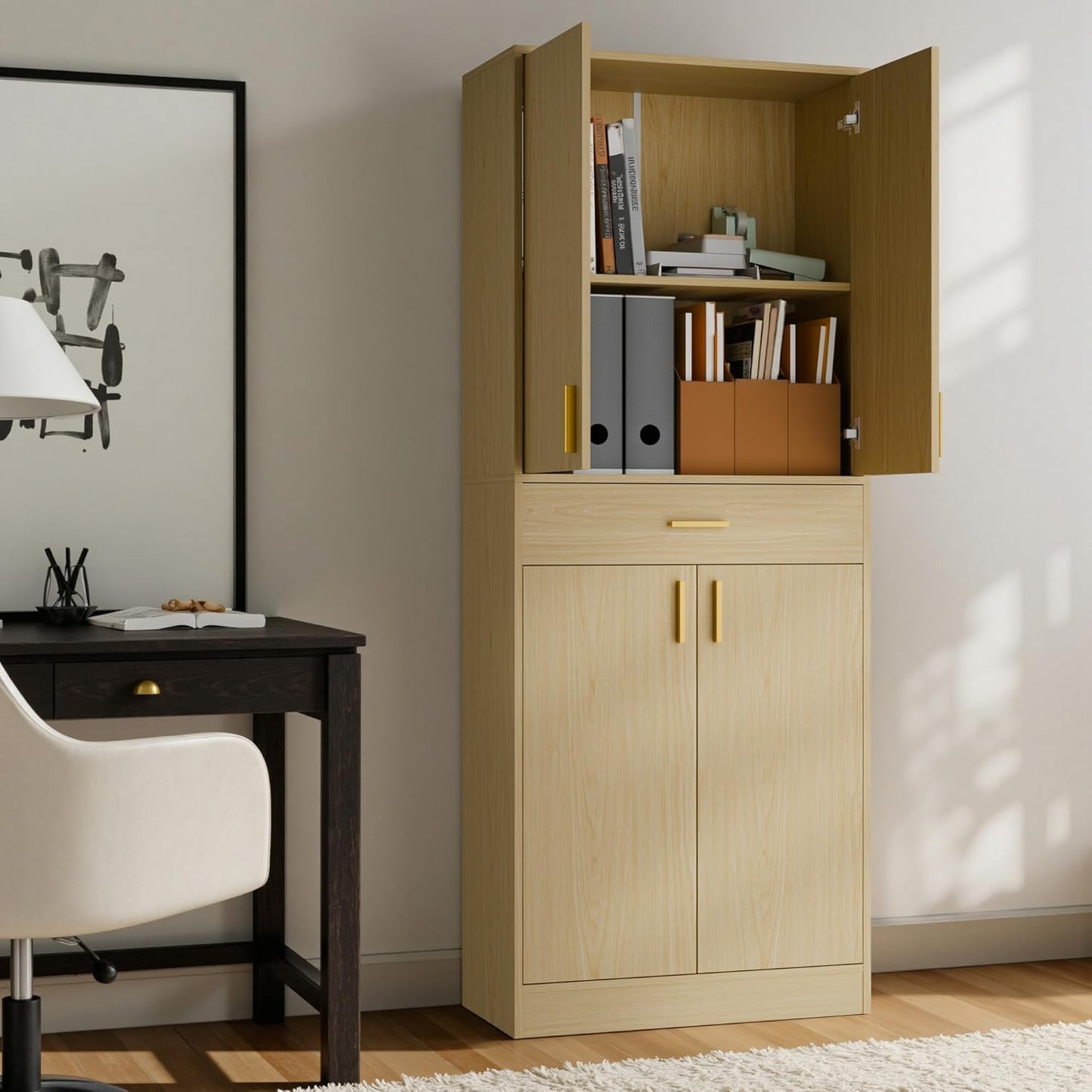 Cozy Castle Pantry Cabinet, 71" Tall Kitchen Storage Cabinet with Doors and Shelves, Freestanding Wood Cupboard Utility Hutch with Drawer for Dining Room Living Room Bathroom Furniture, Oak