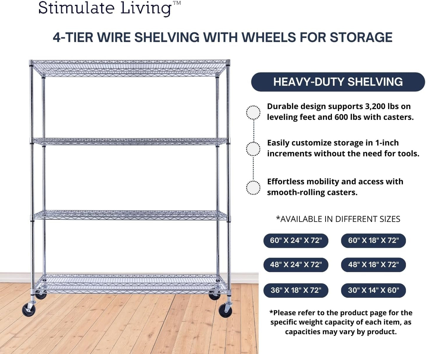 60"x18"x72" Prime Heavy Duty Chrome 4-Tier Wire Shelving NSF 3200 LBS MAX Capacity Storage Rack for Commercial, Hospital, School, Garage, and Kitchen Uses (with Wheels)