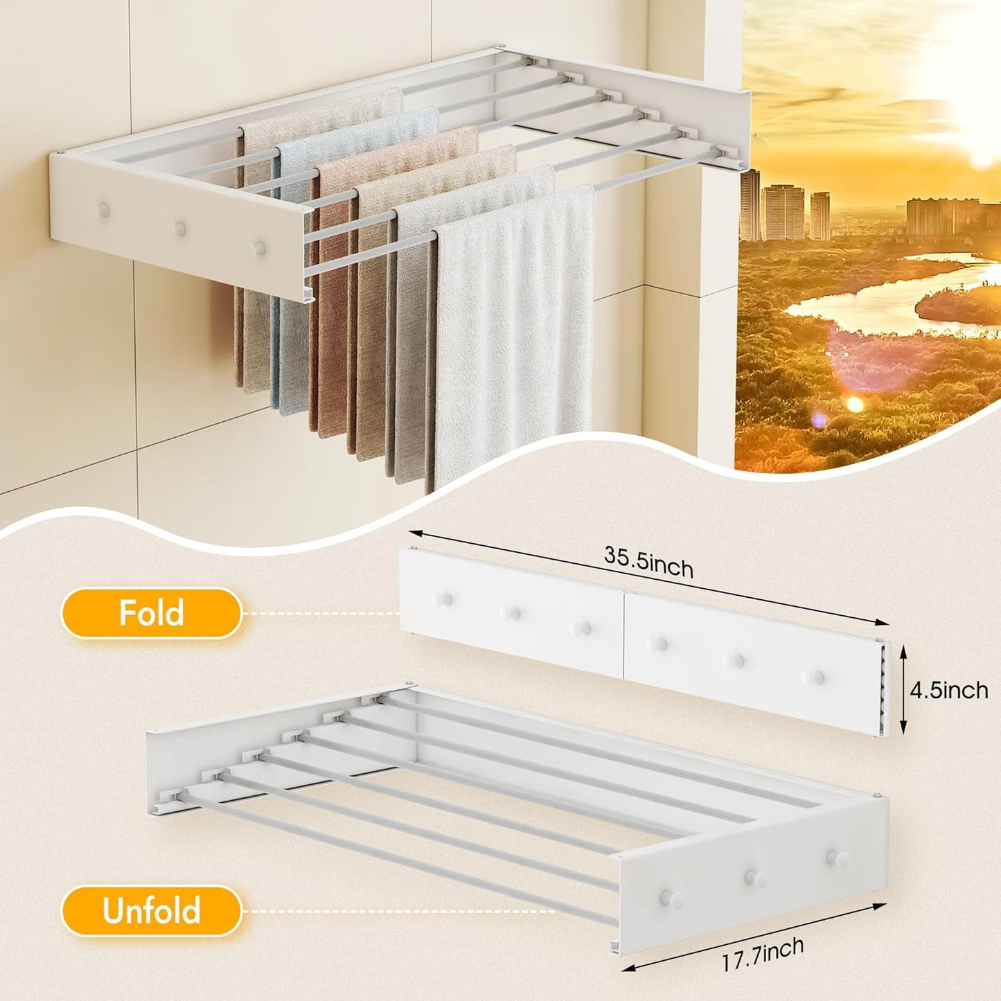 Upgrade Drying Rack Clothing,Clothes Drying Rack Wall Mounted,Laundry Drying Rack Wall Mount,Foldable,Collapsible,Retractable,6 Aluminium Poles,with Hooks,(White 35.5"