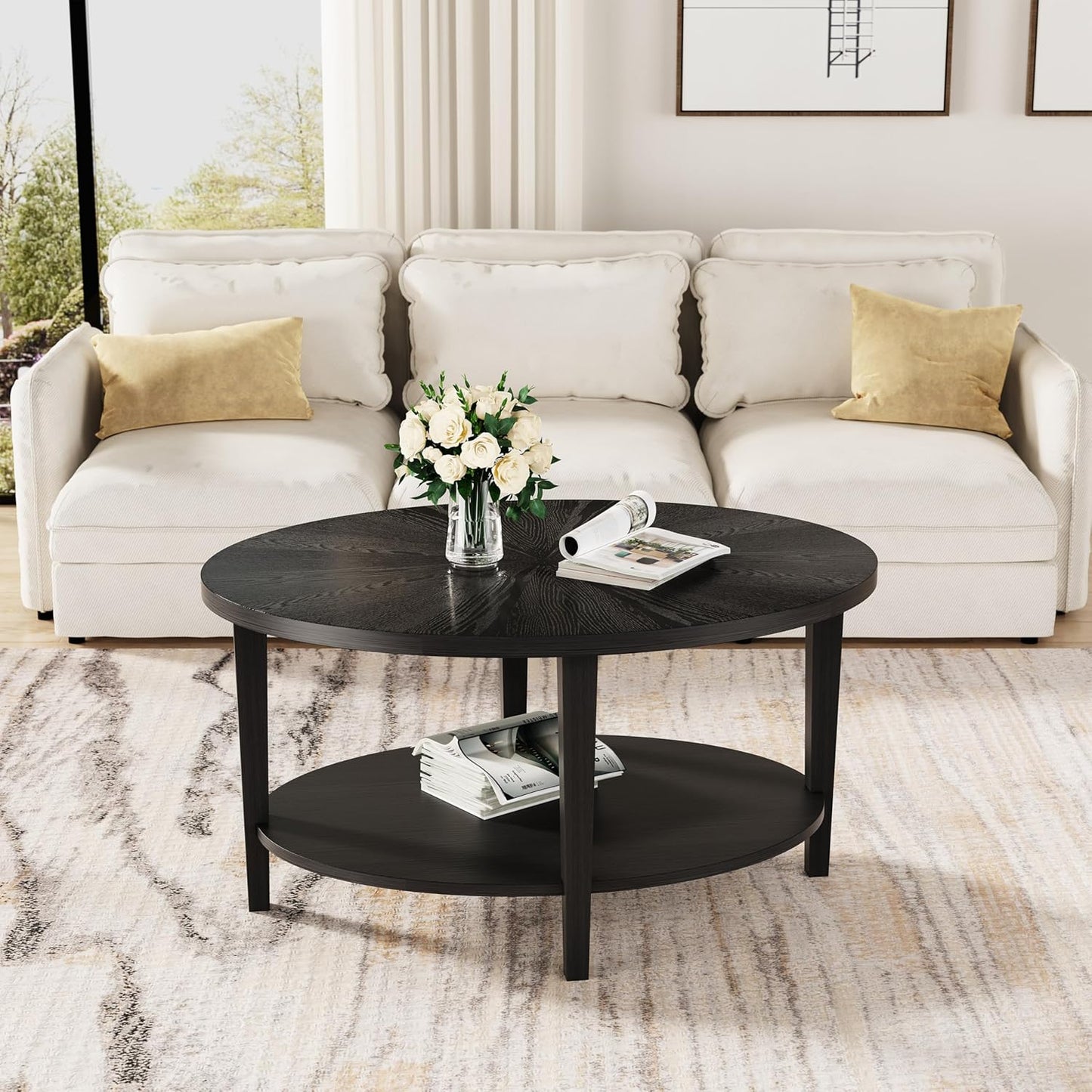 Solid Wood Oval Coffee Table for Living Room, 2 Tier Oval Rustic Coffee Table with Storage Shelf, Double Layer Center Table for Living Room, Easy Assembly