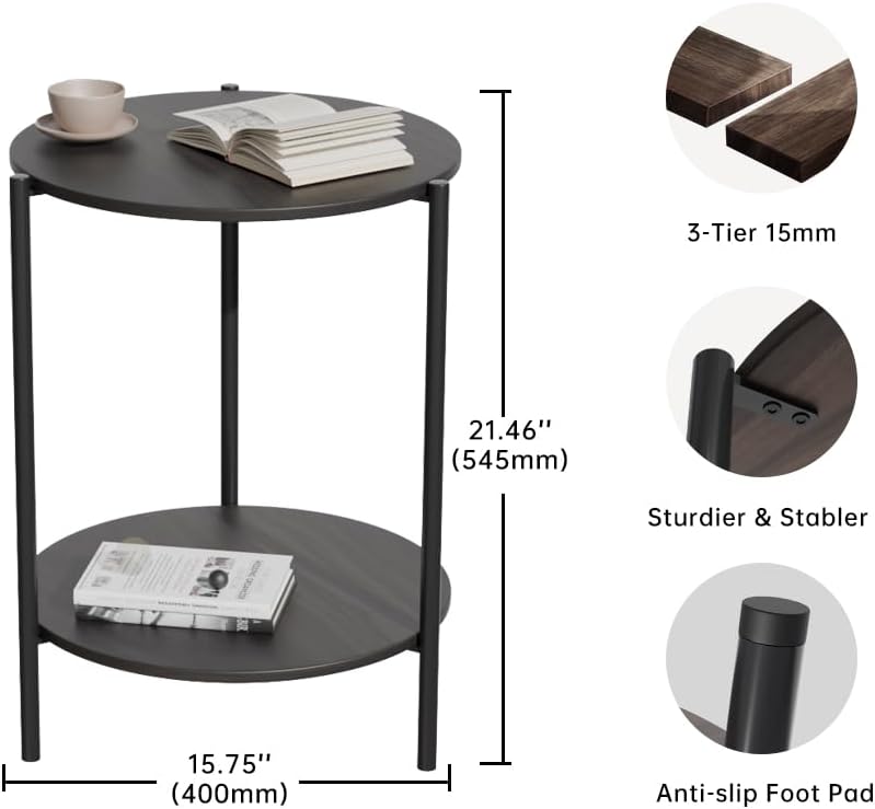 Side Table, Round End Table with 2-Layer Storage Rack, 15.7" Small Spaces Circle Table, Metal Frame Design Small Side Tables, for Living Room, Bedroom, Grey