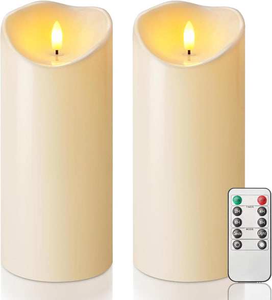 Homemory 4"x9" Outdoor Waterproof Flameless Candles with Timers and Remote Control, Battery Operated Candles, LED Plastic Candles, Dark Ivory, Set of 2