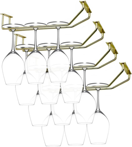10.8 Inch Gold Wine Glass Rack, Under Cabinet Wine Glass Holder, Wine Glass Hangers Under Shelf, Stemware Rack, Hanging Stemware Holder for Cabinet Kitchen Bar, Set of 4