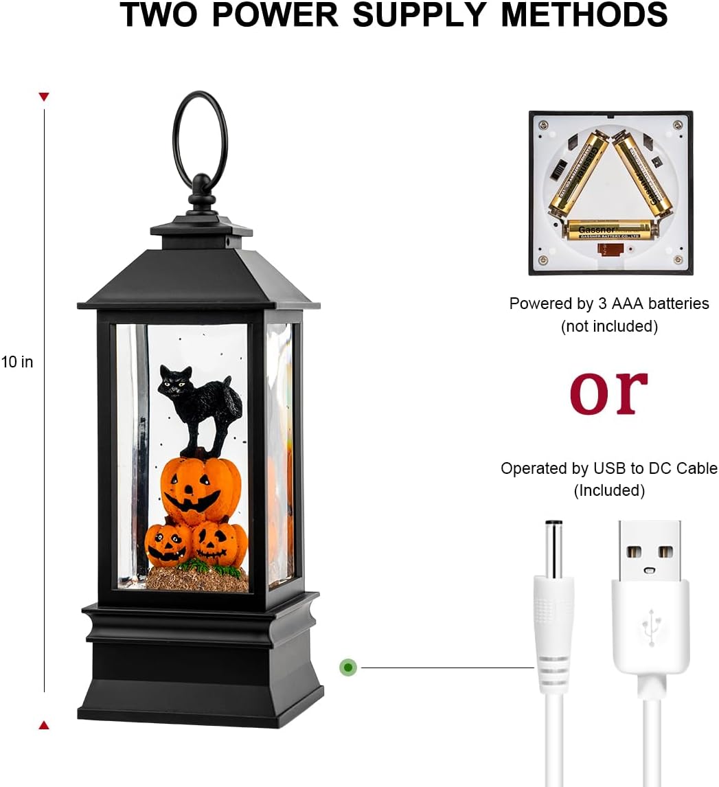 10'' Halloween Snow Globe Lantern Lighted Musical Water Lantern Spooky Pumpkin and Witch' s Black Cat Combo with Swirling Glitter, Battery Operated or USB Powered
