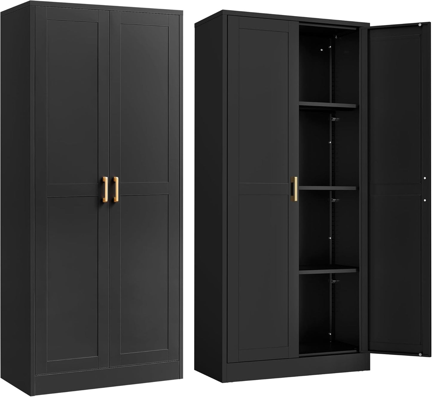 Kitchen Cabinet Storage,60”Metal Pantry Cabinet with Doors and 3 Adjustable Shelves,Food Pantry Cabinets with 2 Gold Handles,Black Tall Storage Cabinet for Livingroom,Pantry,Bathroom,Kitchen