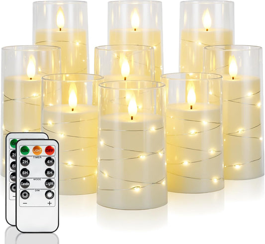 Homemory 9 Pcs Flameless Candles with Embedded Star String Fairy Lights, Battery Operated Candles, LED Candle, Fake Candles with Remote Control and Timer (Ivory)