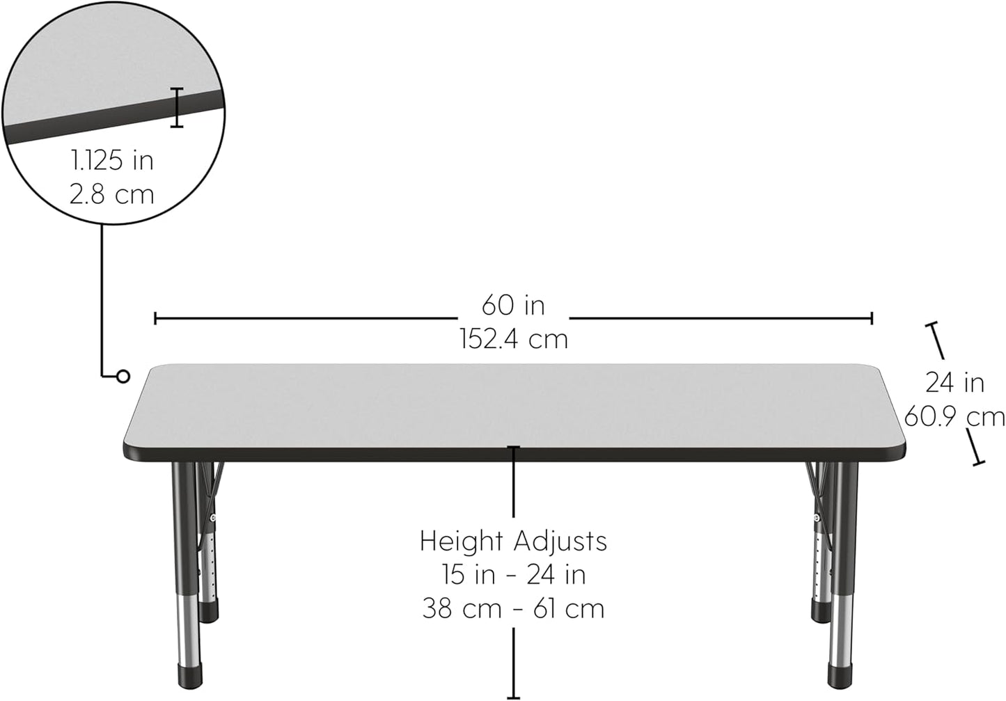 FDP Rectangle Activity School and Classroom Kids Table (24 x 60 inch), Chunky Toddler Legs, Adjustable Height 15-24 inches - Gray Top and Black Edge