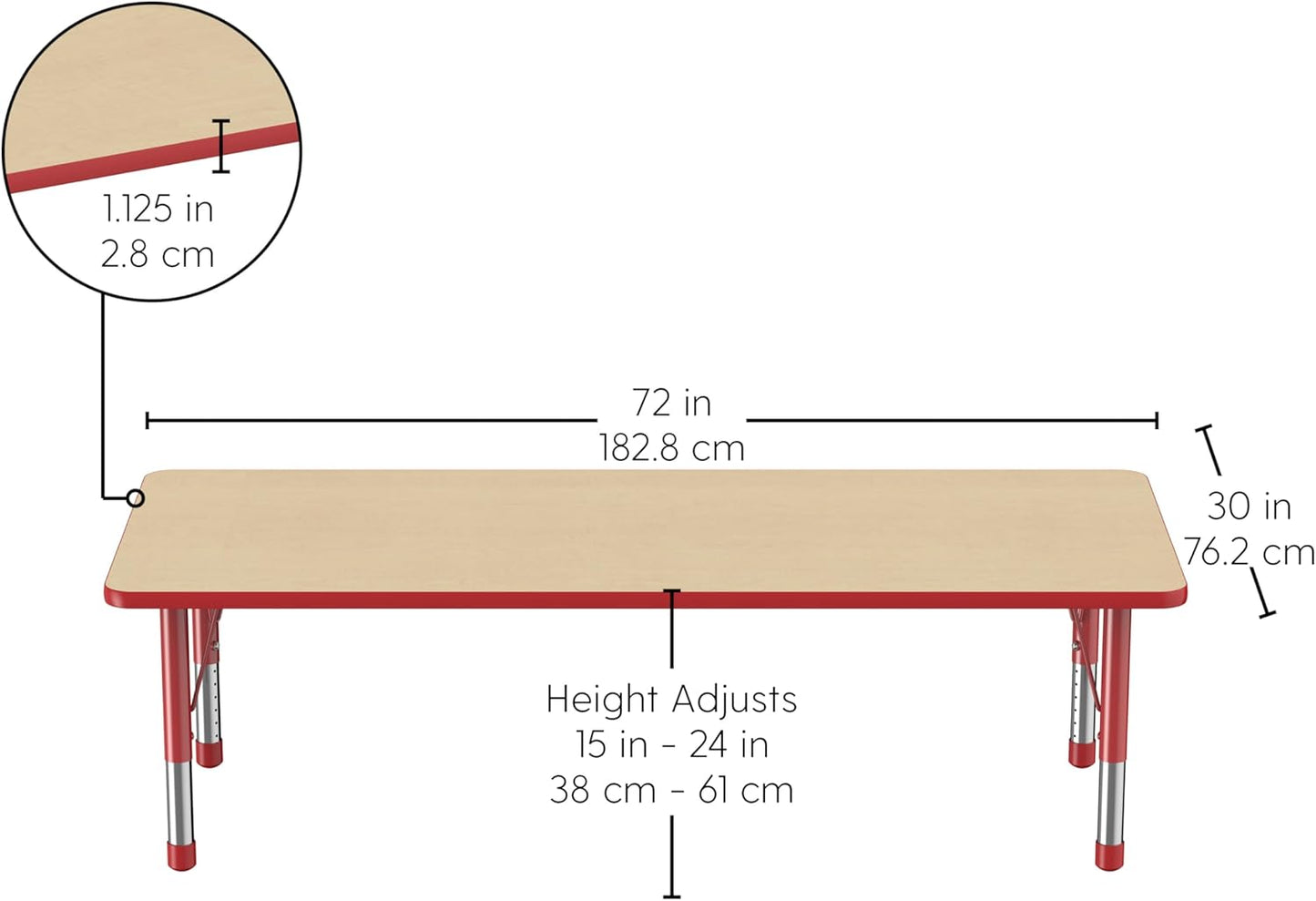 FDP Rectangle Activity School and Classroom Kids Table (30 x 72 inch), Chunky Toddler Leg, Adjustable Height 15-24 inches - Maple Top and Red Edge