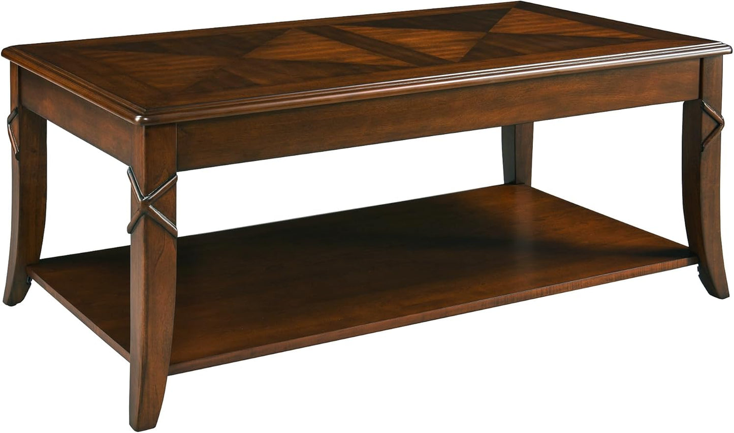 Solid Wood Coffee Table with Storage Shelf, Mid-Century Living Room Tables with Carved Tabletop and Leg, 43.3” Splicing Cocktail Center Sofa Table, Cherry Brown KFZ-DR200