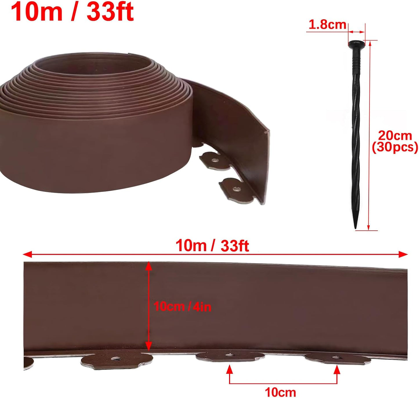 Garden Edging 33FT, 4IN High Landscape Edging Border Plastic Lawn Edging Roll with 30 Spikes for Yards, Flower Bed Edge, Sidewalks, Pathway, Brown