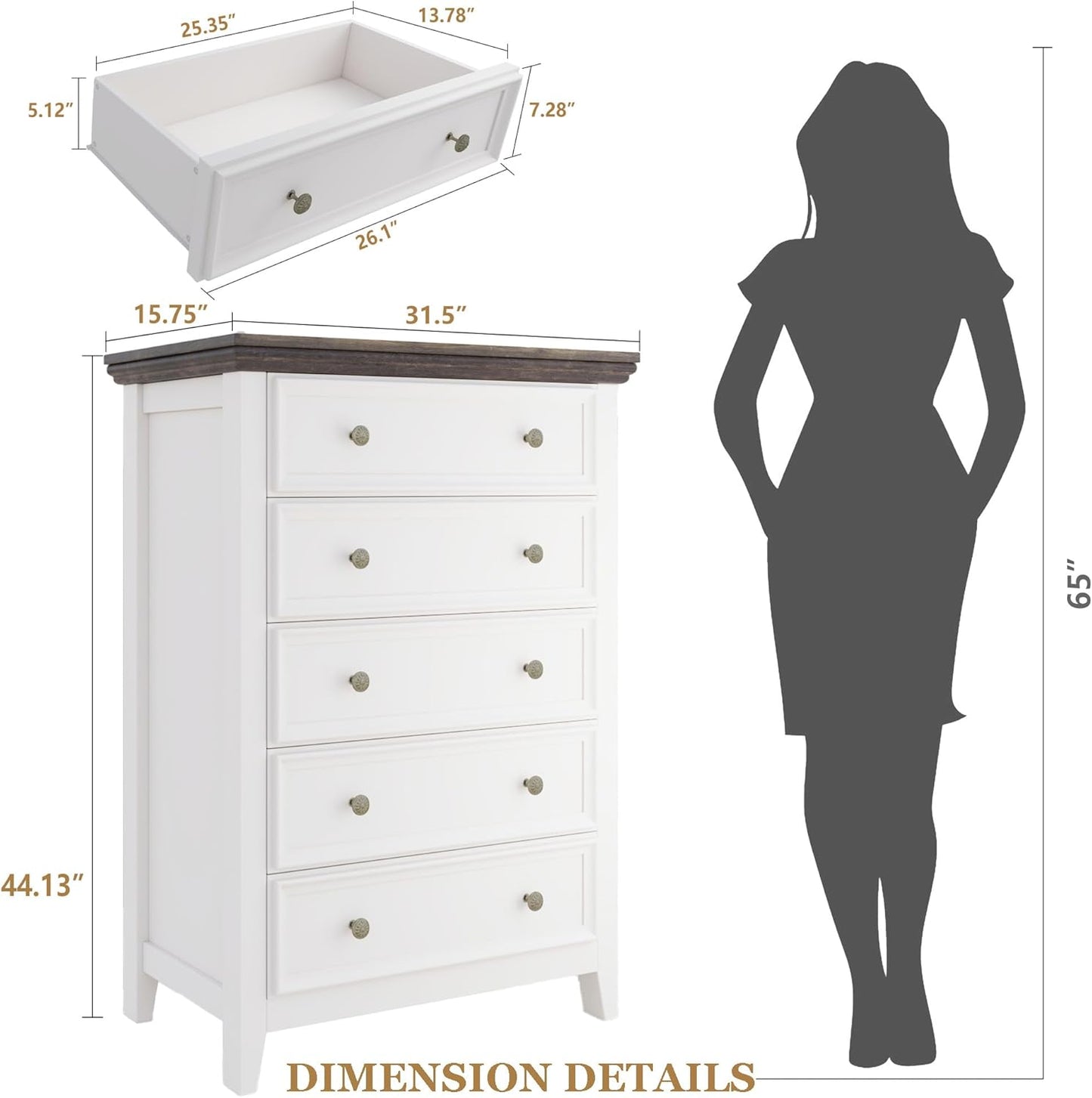BLANKSPACE Dresser for Bedroom, 5 Drawer Dresser, Modern 5 Chest of Drawers, Farmhouse Storage Cabinet with 5 Drawers for Home Office, Dining Room, Antique White