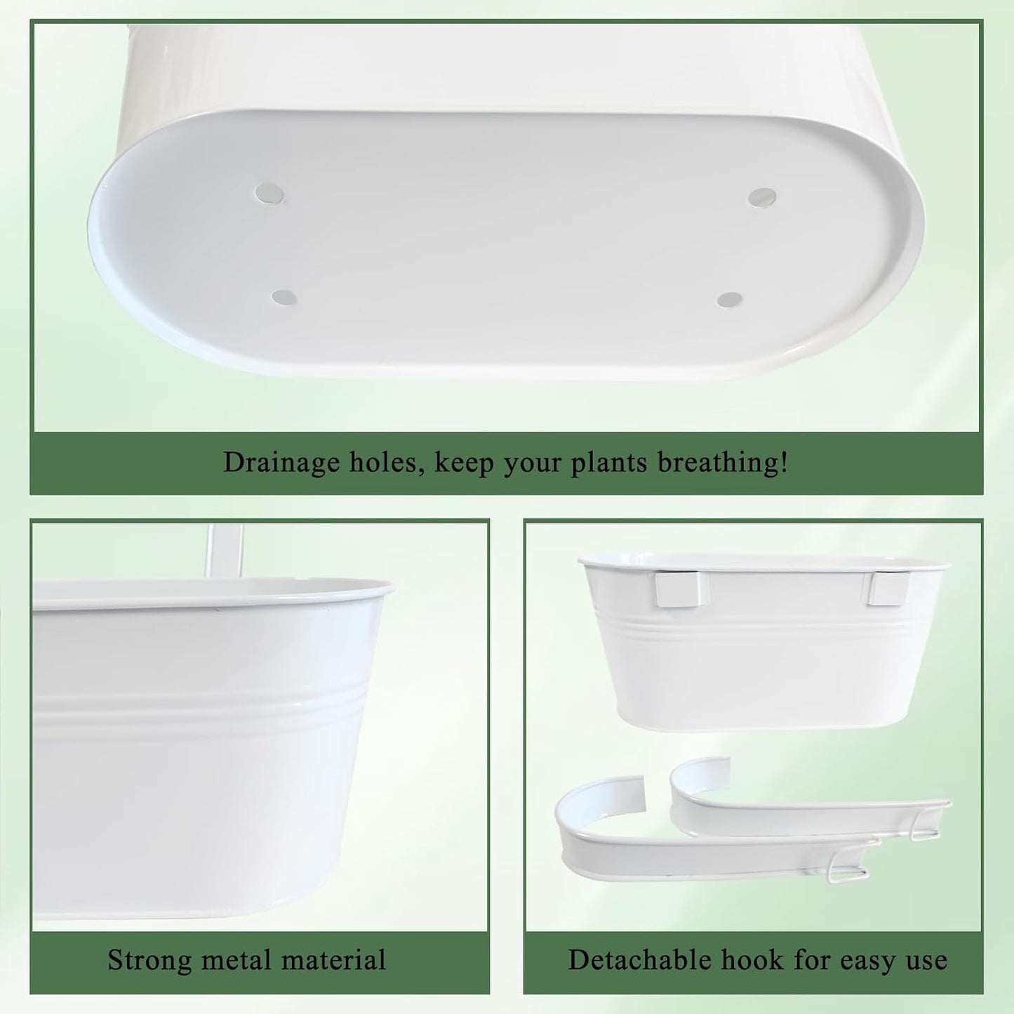 10" Hanging Flower Pots, Pack of 2 White Metal Outdoor Patio Balcony Planter, Railing Planters Fence Pot with Detachable Hook & Drainage Hole for Small Plants (White, 2Pcs)