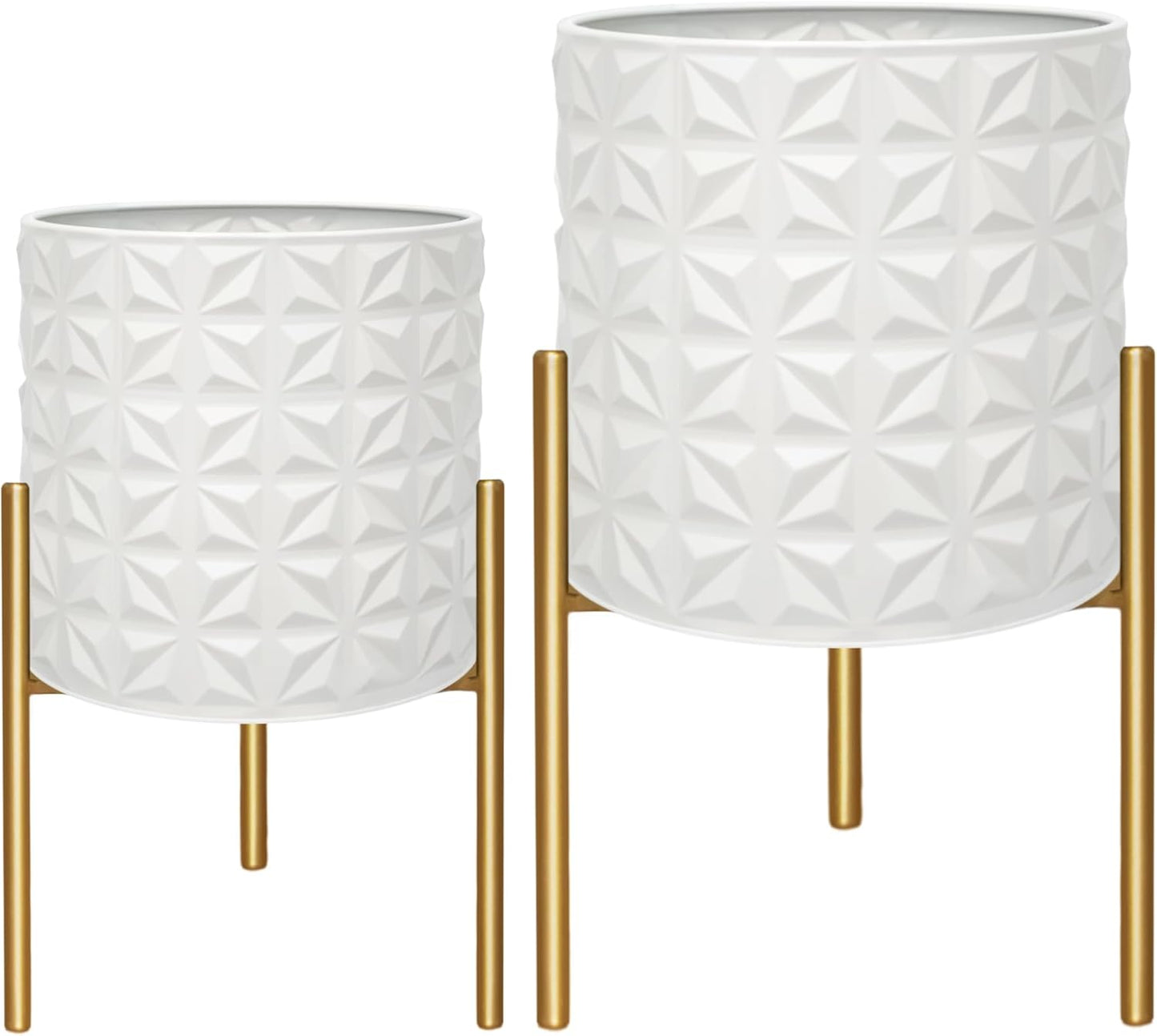 ARNIS Modern Planter Pots, Set of 2 Large Planters with Stand, Decorative Planters, Metal Pots with Drainage Holes for Living Room, Office, Garden or Balcony, 10.5 &12.25 Inch, Matte White