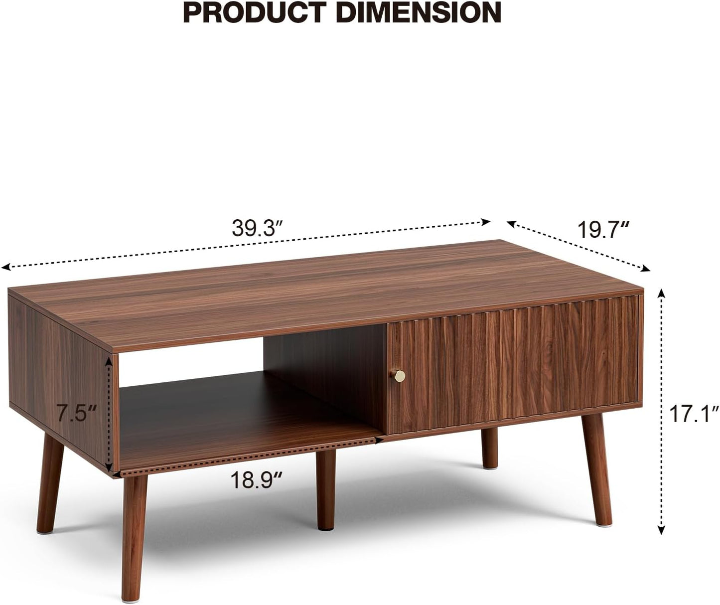 Coffee Table with Storage, Mid Century Dining Table with Sliding Fluted Door and Solid Wood Legs, Small Coffee Tables for Living Room, Walnut