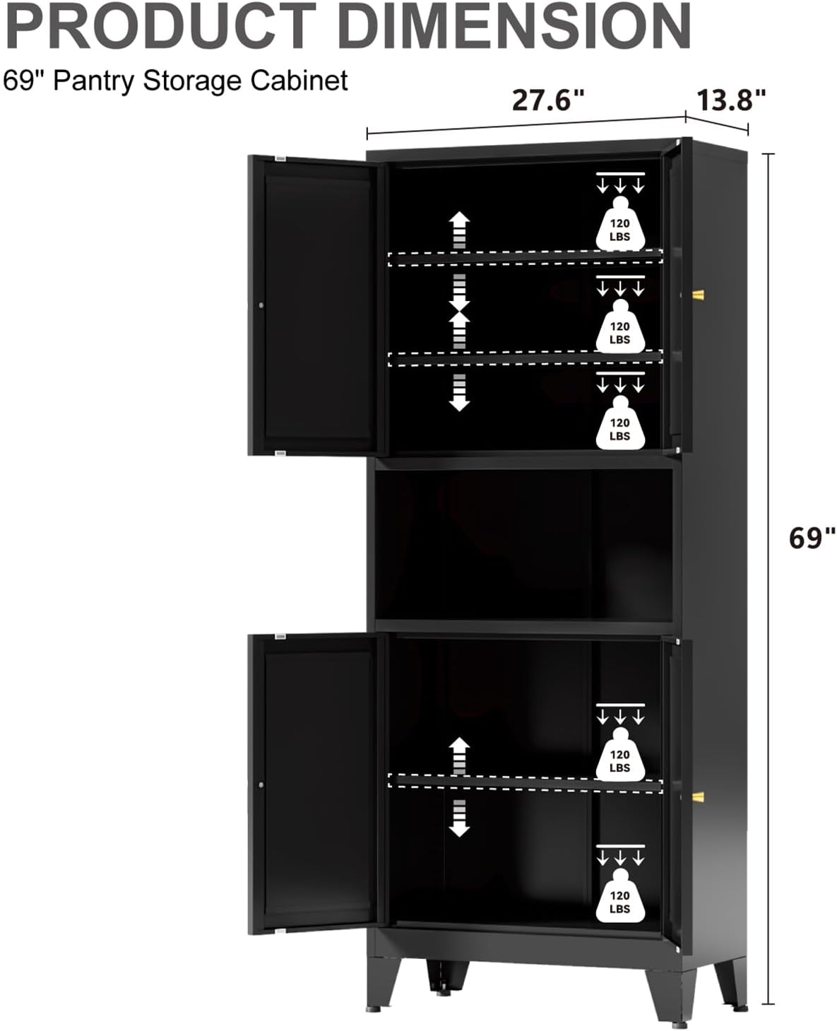 69" Tall Kitchen Pantry Cabinet, Metal Storage Cabinet with 4 Doors and Adjustbale Shelves, Freestanding Cupboards for Dining Room, Living Room, Bathroom