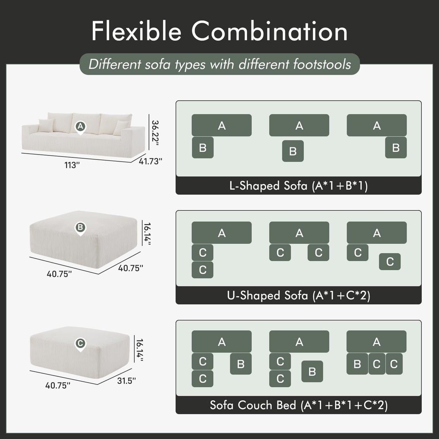 Boneless Sectional Cloud Couch Sofa for Living Room, 112" L-Shaped Modular Modern Lounge Sleeper Beige Couches with Chaise, No Assemble, Cordury Compression Upholstered Sofas