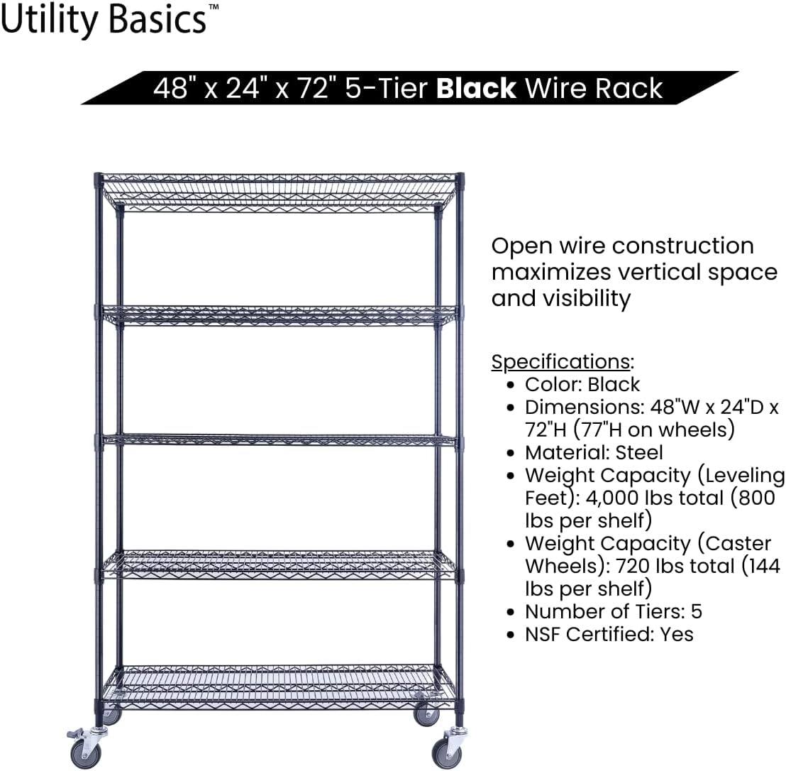 48"x24"x72" Black 5-Tier Premium Wire Shelving NSF 4000 LBS MAX Capacity Heavy Duty Steel Storage Rack for Warehouses, Garages, Hospitals, Commercial Spaces, & Schools w/Premium Wheels