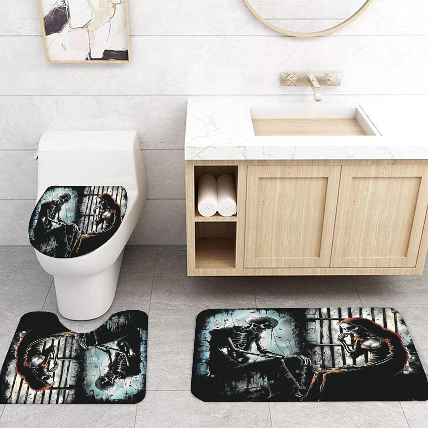 NEWSUYAA Halloween Decorations Shower Curtain Set with Non-Slip Rugs and Bath Mats,Black Skull Skeleton Bathtub Curtains with 12 Hooks,All Saints'Day (Nov 1st) Bathroom Decor