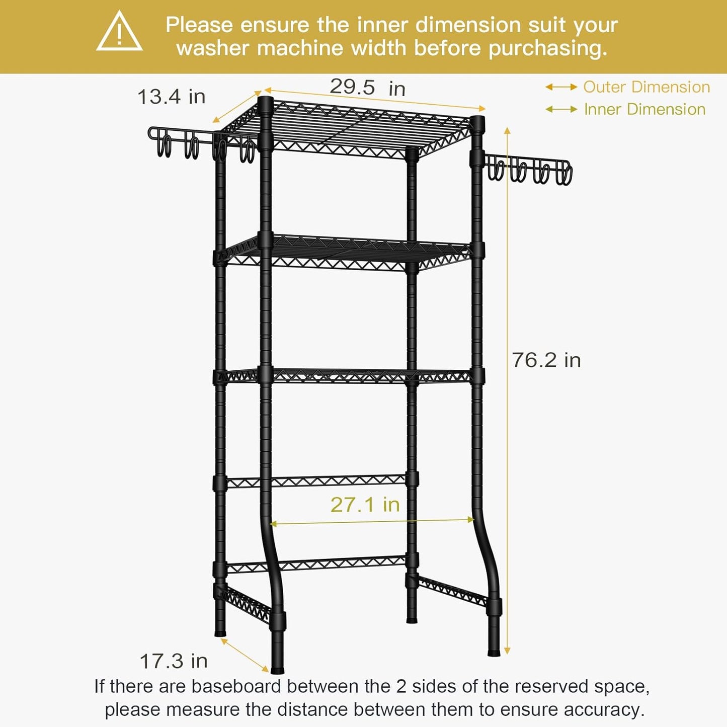 Ulif U8 Mini Laundry Room Storage Organizer, Over the Washer and Dryer Storage Shelves for Laundry Organization, 29.5”W x 17.3”D x 76.2”H, Suit Washing Machine Width within 27.1”, Hold 304 lb, Black
