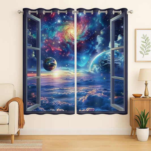 Space Galaxy Blackout Curtains for Girls Boys Kids Home Decor, Universe Nebula Galaxies Solar Planet Grommet Thermal Insulated Drapes Darkening Window Curtain for Bedroom Living Room, 63 x 63 Inch