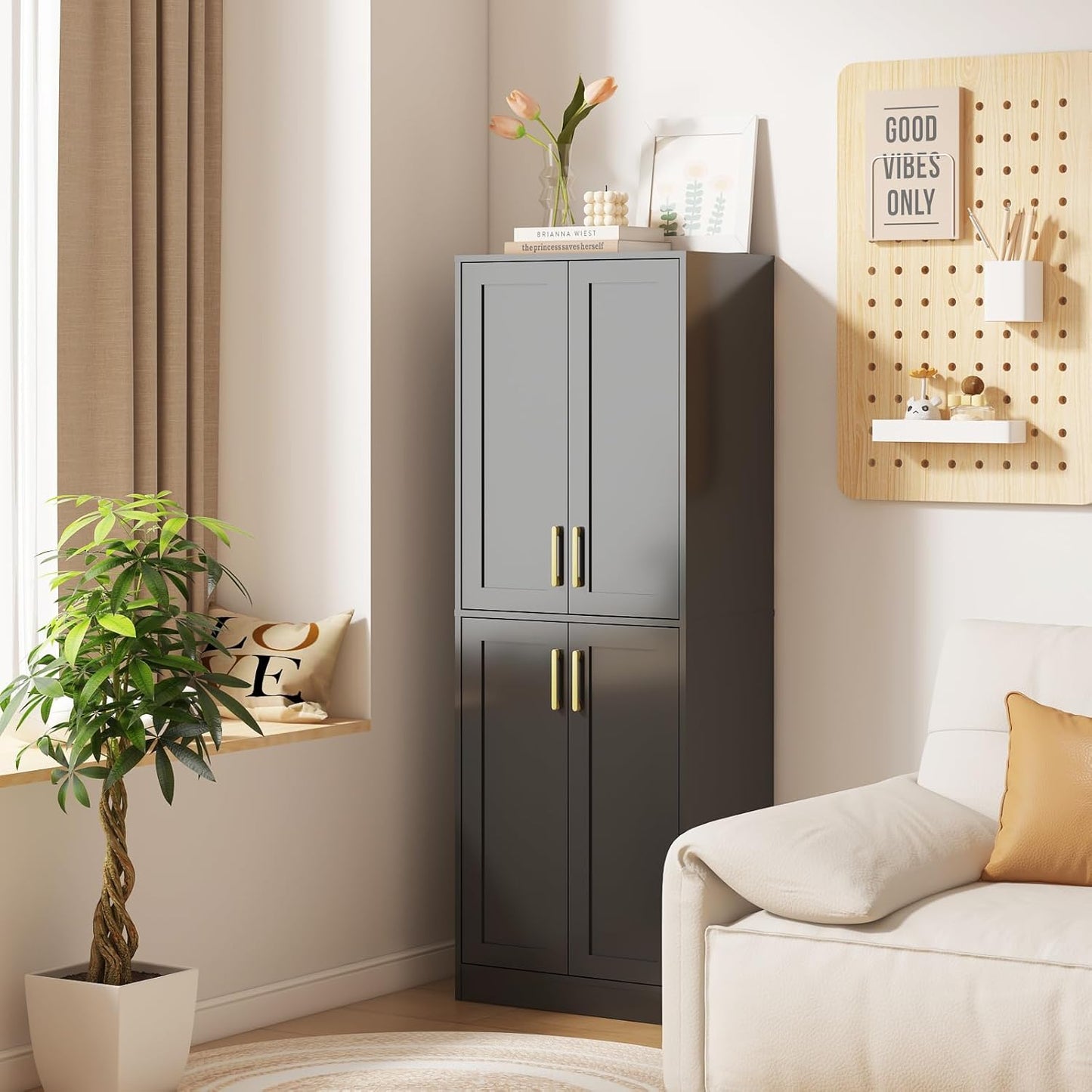 Tall Storage Cabinet with Doors & Shelf for Bathroom, Living Room, Entryway - Black