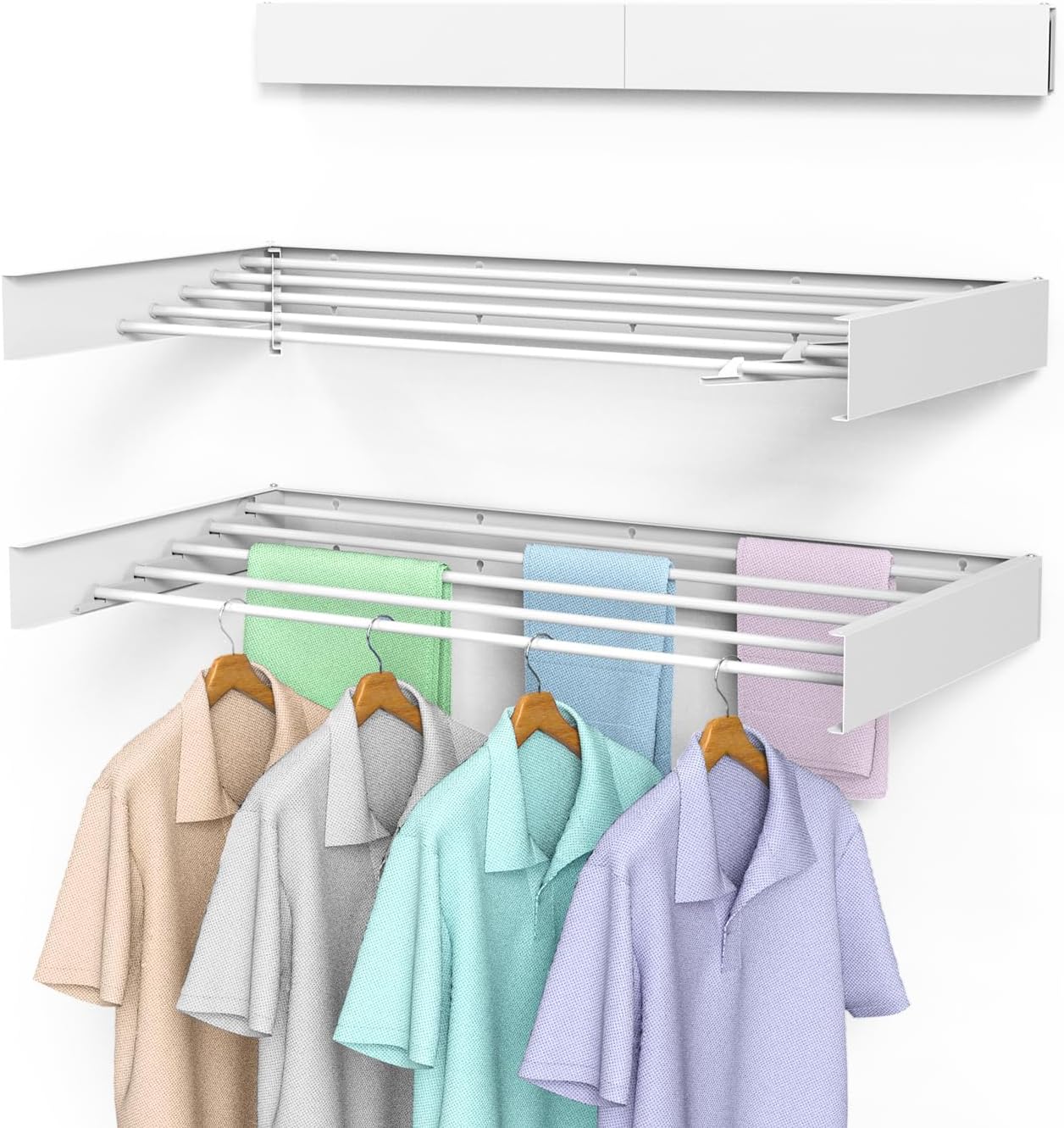 Laundry Drying Rack Collapsible, Wall Mounted Clothes Drying Rack, Space Saving Drying Rack for Laundry, 40" Wide, 16.5 Linear Ft, 5 Aluminum Rods, 60 lb Capacity (White 40")