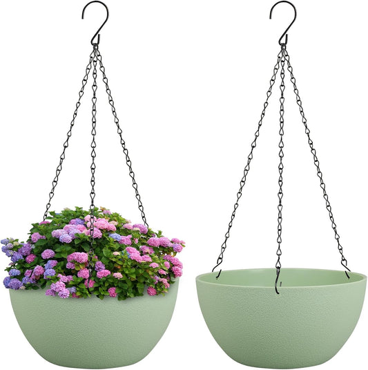 10 inch Hanging Planters Plant Pots for Indoor Outdoor Plants, 2 Pack Hanging Flower Pots with Drainage Holes and Chain for Garden Porch, Plastic Hanging Baskets for House Plants, Green