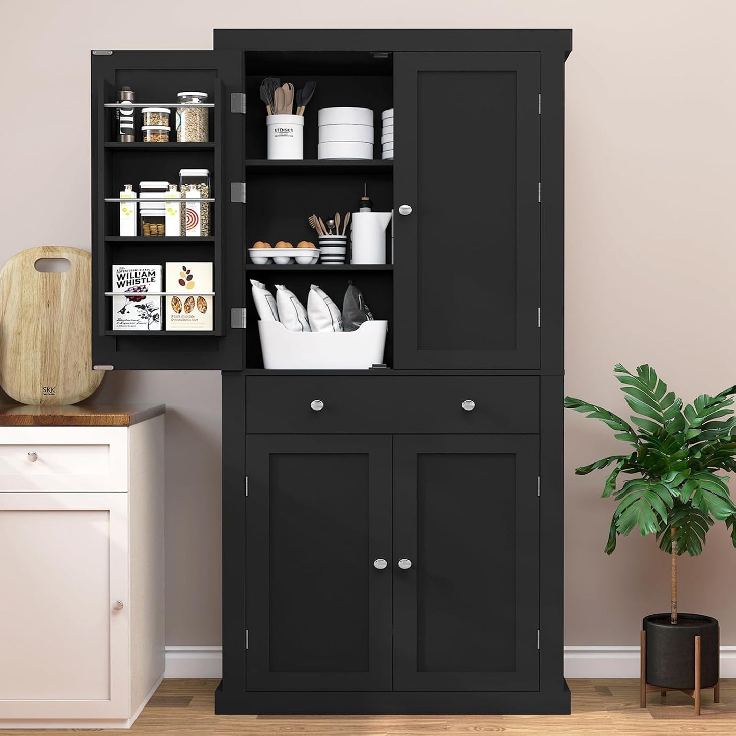 usikey 72” Kitchen Pantry Cabinet, Tall Storage Cabinet with 4 Doors and 1 Drawer, Freestanding Cupboard with 6 Hanging Shelves and Adjustable Shelves for Kitchen, Dining Room,Living Room, Black