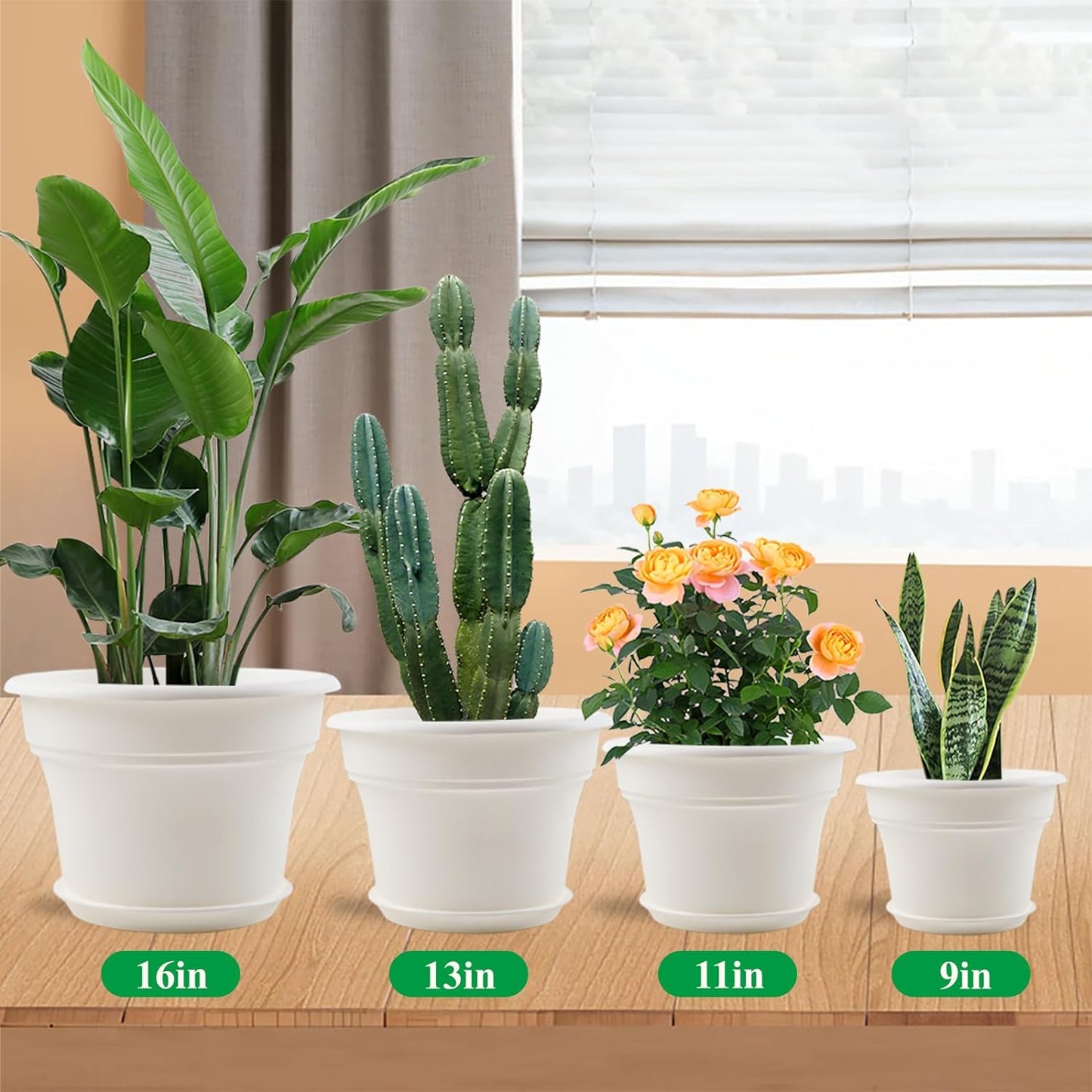 13 Inch Plastic-Flower-Pot-for-Indoor-Plants, 4 Pack Large Outdoor Planter Pot with Drainage Holes & Saucers, Resin Decorative Garden Pots Planters