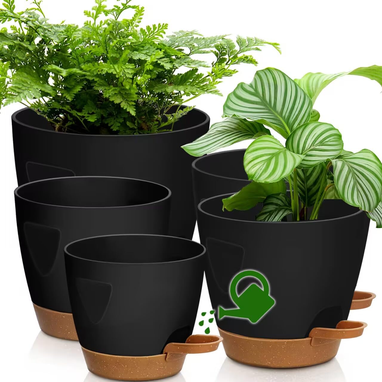 - Uneed Plastic Flower Pot,5-Pack Plant Pots with Drainage 7/6.5/6/5.5/5 Inch,Self Watering Pots for Indoor Plants,Planters for Indoor Outdoor Plants (Black)