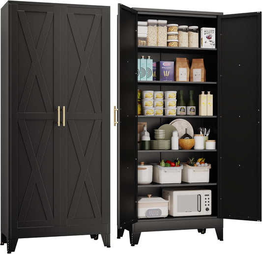 75" Tall Metal Kitchen Pantry Storage Cabinet, Freestanding Cupboard with 2 Doors and 5 Adjustable Shelves, Standing Storage for Kitchen, Bathroom, Garage, Dinning Room or Utility Room（Black）