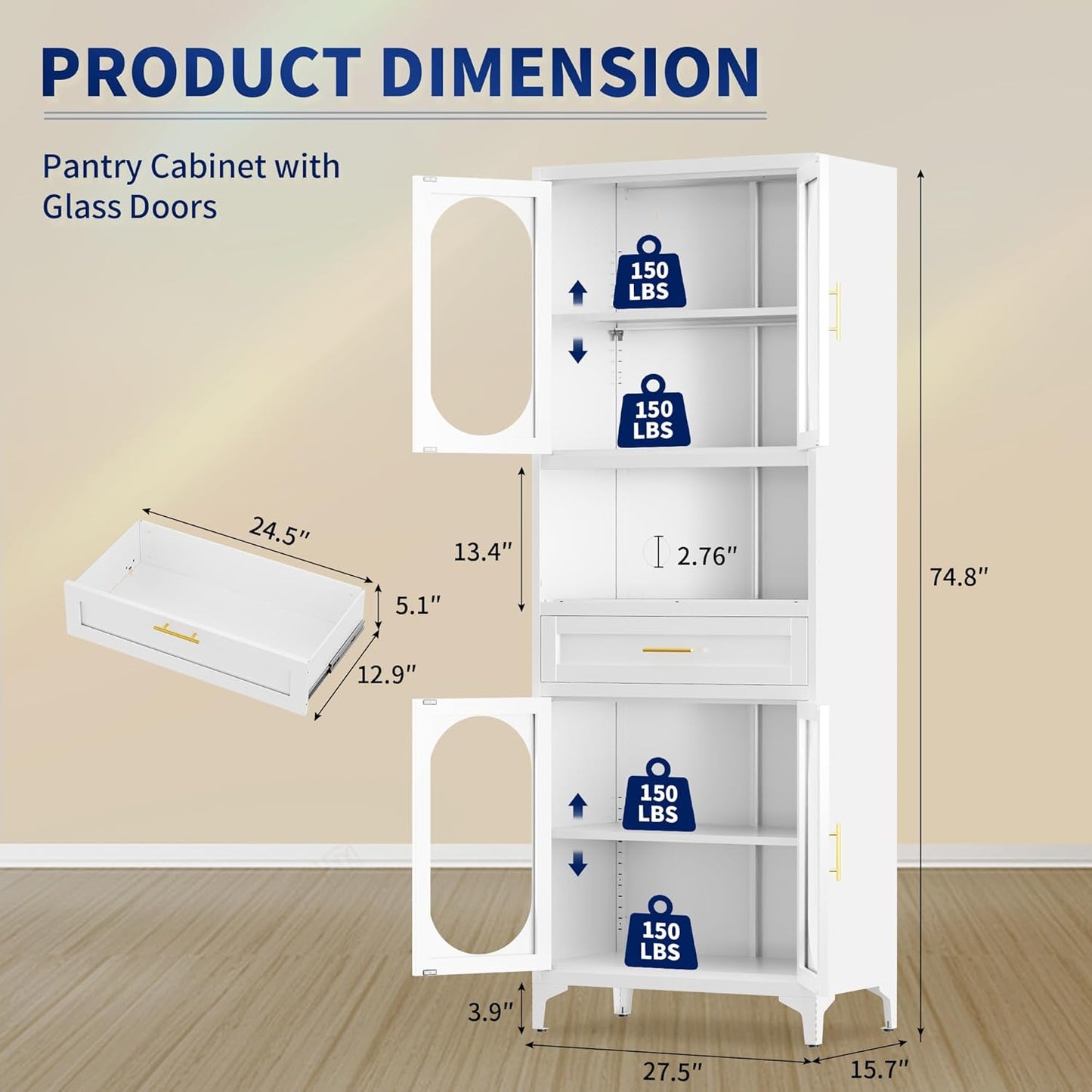 75” Tall Kitchen Pantry Storage Cabinet, Metal Storage Cabinet with 1 Drawer and Adjustable Shelves, Kitchen Pantry Cupboard, Freestanding Cupboard for Bathroom, Living Room (White-Glass Door)