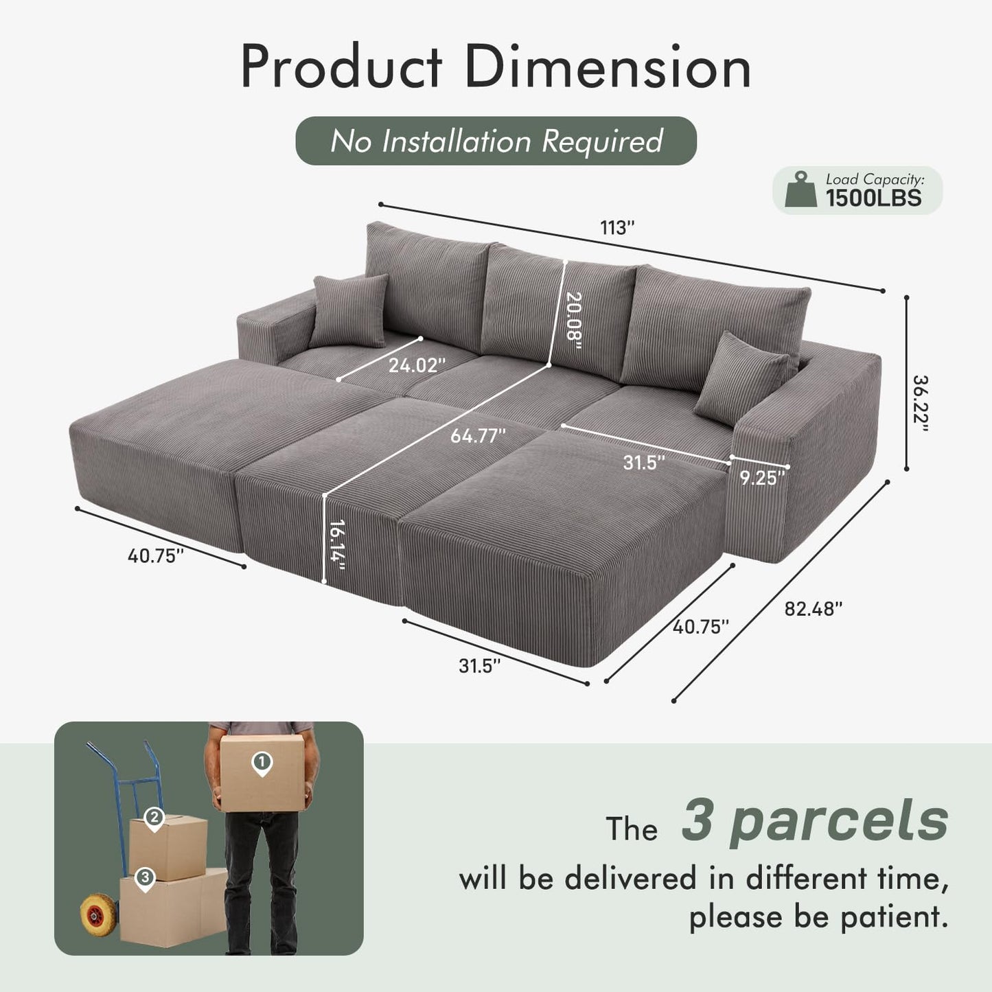Boneless Sectional Cloud Couch Sofa Bed for Living Room, 112" Modular Modern Lounge 3 Seater Sleeper Grey Couches with Chaise, No Assemble, Cordury Compression Upholstered Sofas