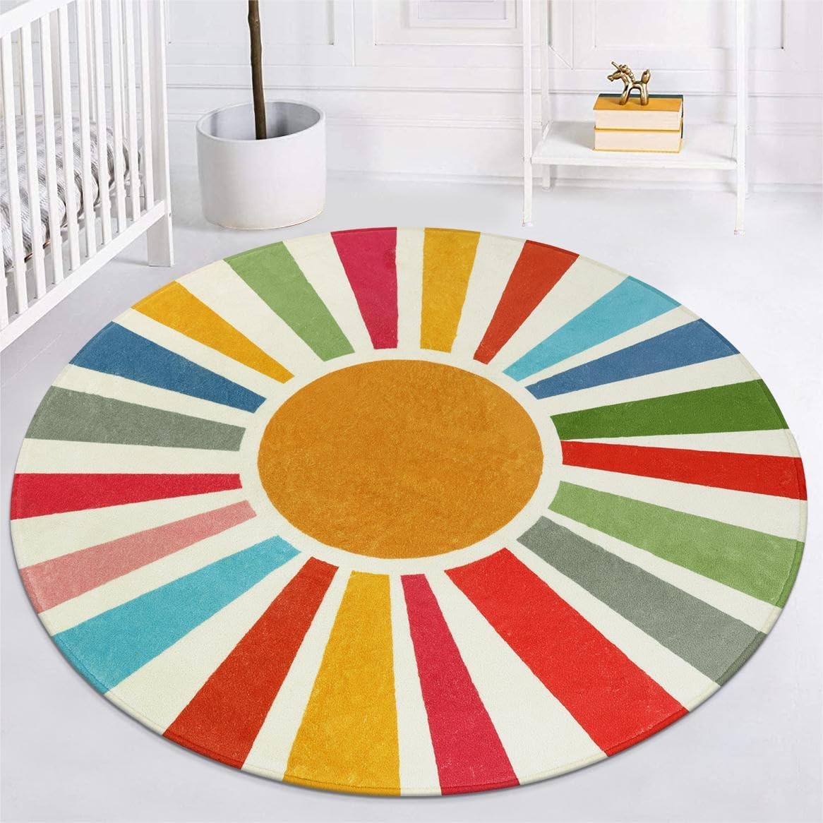STARUIA Boho Washable Rug 5 Ft Round Area Rug for Bedroom, Rainbow Circle Kids Rugs for Office, Non-Slip Circluar Carpet Soft Sunshine Rugs for Dorm Nursery Sofa Living Room Corner