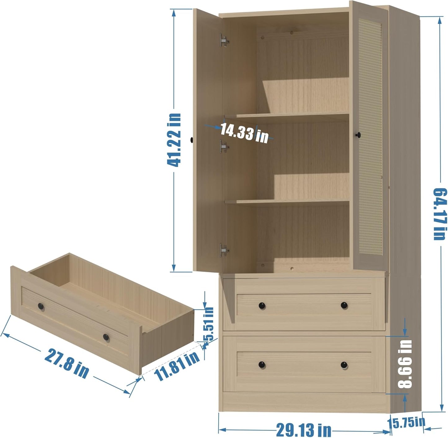 Rattan Oak Kitchen Pantry, 64.2" Tall Storage Cabinet with Doors and Drawers, Freestanding Wooden Storage Organizer for Kitchen, Dining Room