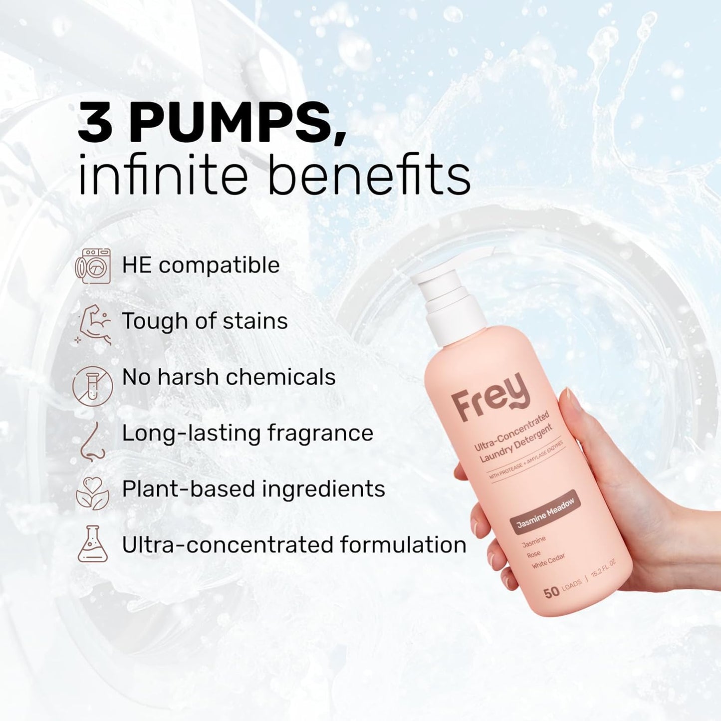 FREY Concentrated Liquid Laundry Detergent | Formulated for Sensitive Skin & HE Washers | Removes Stains Effectively | 50 Loads per Bottle (2-pack Jasmine Meadow)