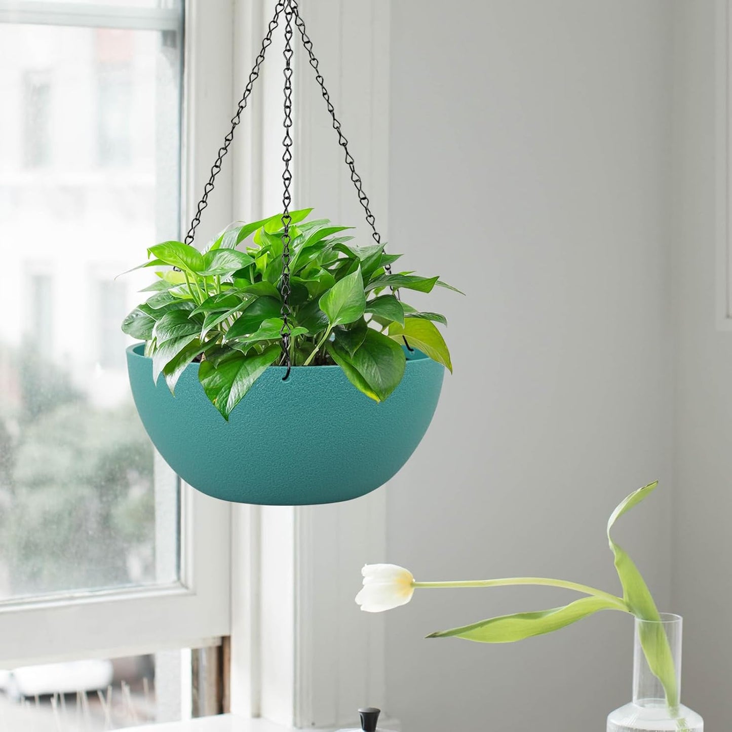 10 inch Hanging Planters for Outdoor Indoor Plants with Drainage Holes and Chain, 2 Pack Round Hanging Flower Pots for Garden Home Porch Decor, Blue Green