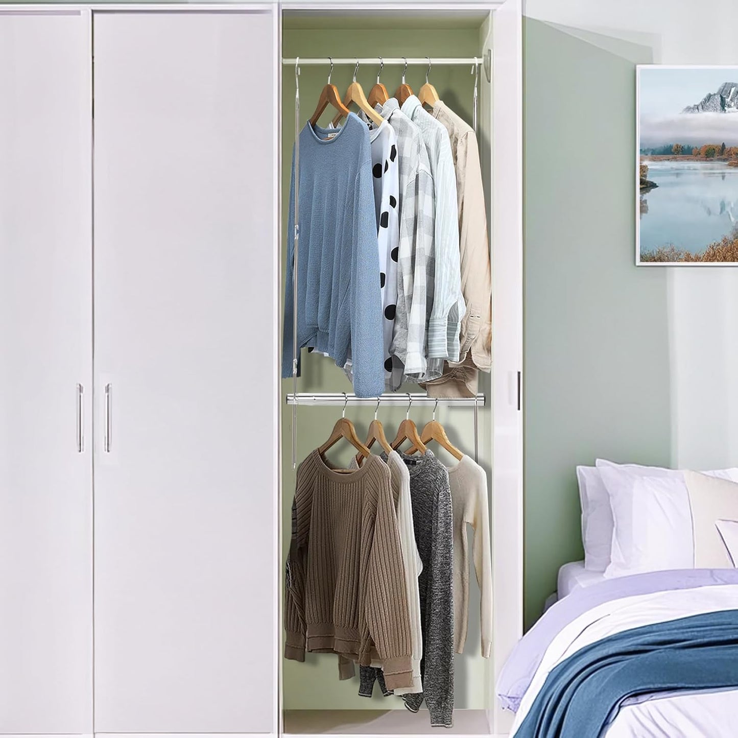 STORAGE MANIAC Hanging Closet Rod, Adjustable Width and Height Closet Hanging Organizer, Space-Saving Clothes Hanging Bar, Closet Extender Hanging Rod Double Closet Hanging Rod, 1 Pack Chrome