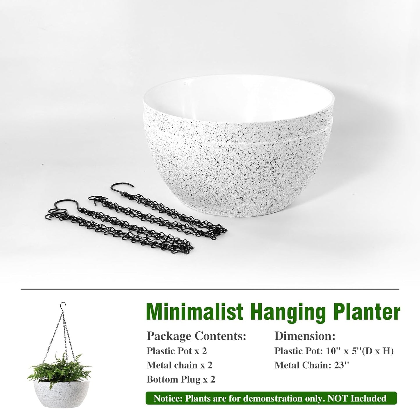 10 inch Hanging Planters for Outdoor Indoor Plants with Drainage Holes and Chain, 2 Pack Round Hanging Flower Plant Pots for Garden Home Porch Decor, Speckled White