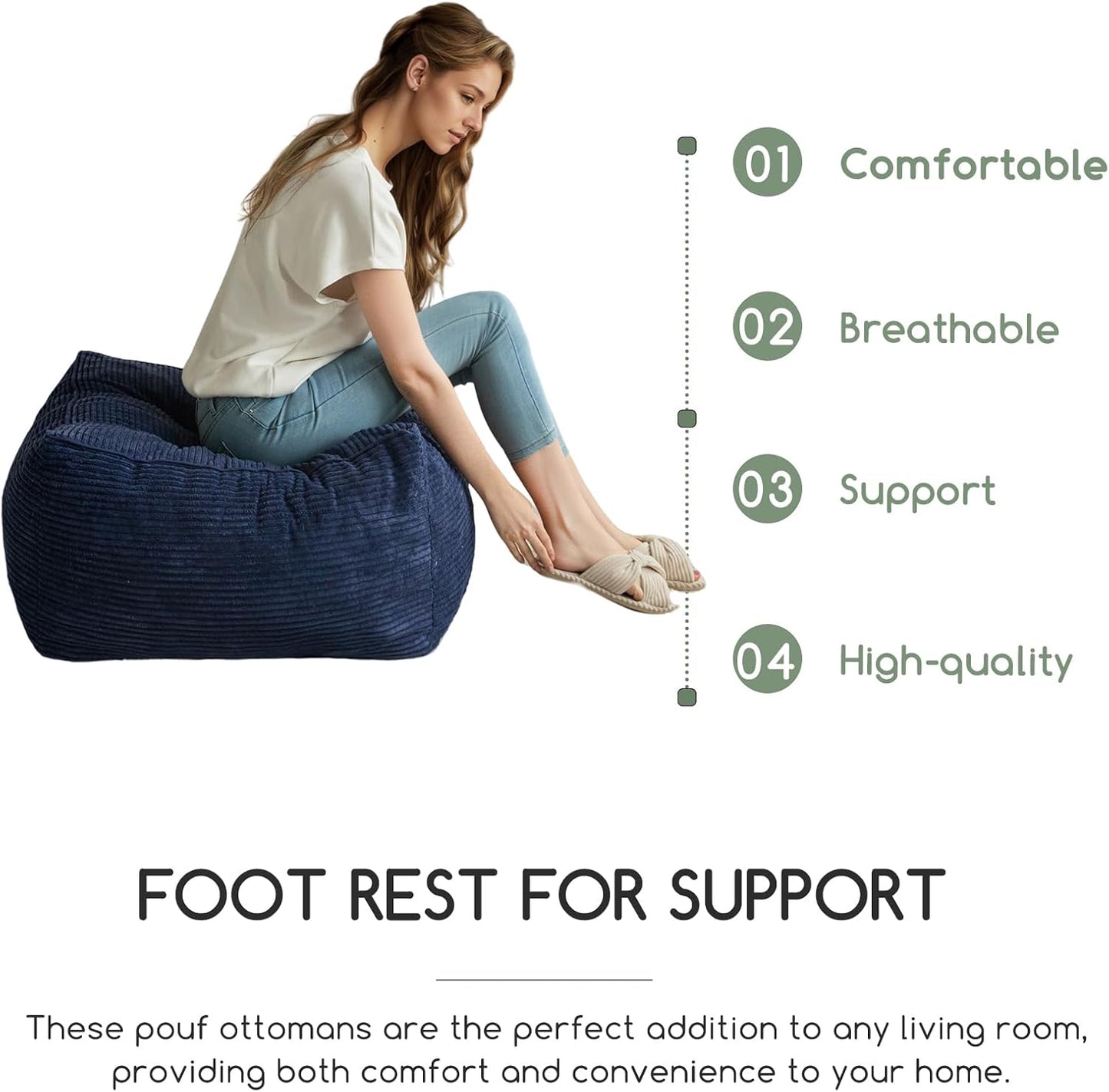 HIGOGOGO Square Stuffed Pouf Ottoman, Corduroy Poufs with Foam Chunk Filling, Furry and Fluffy Pouf Foot Stool Storage Ottoman, 25.6 X 25.6 Floor Poufs Foot Rest for Living Room, Navy