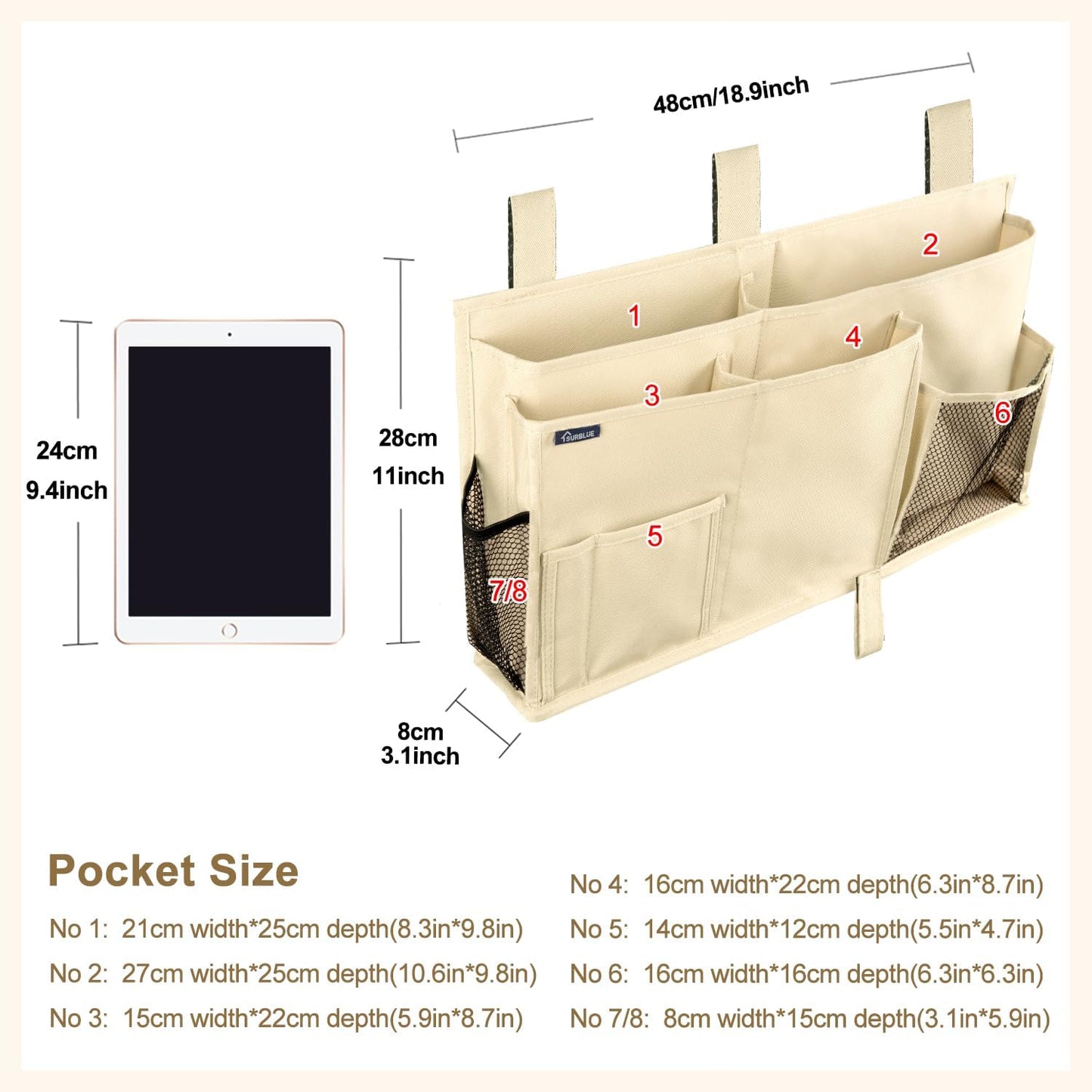Surblue Bedside Caddy Hanging Organizer Storage Bag Pocket for Bunk, Hospital, College Dorm Rooms, Baby Bed Rails, Camp - 8 Pockets, Large, Beige