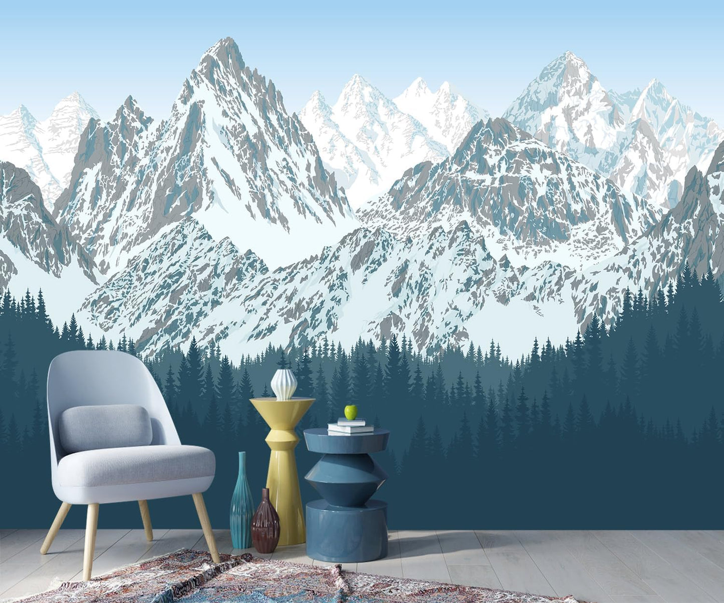 -Forest Snow Mountain Peaks Blue Sky Wallpaper Bedroom Living Room XT09 M 140" x 91"