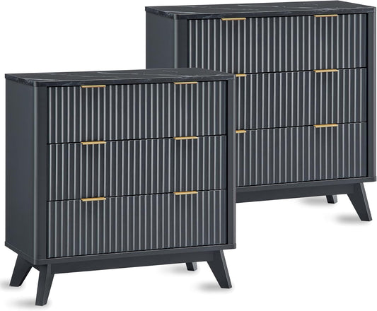 T4TREAM 32" Tall Fluted Nightstand Set of 2, Modern Side Table with Faux Marble Top, 3 Drawers End Table w/Storage, Bedside Table for Bedroom, Living Room, Curved Profile Design, Dark Grey