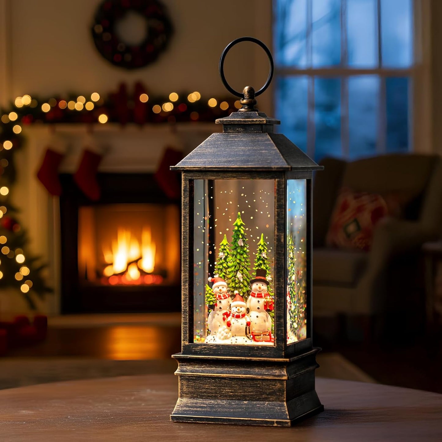 10'' Musical Snow Globe Lantern Lighted Snowman Family Water Lantern Swirling Glittering Home Decoration and Gift, Battery Operated or USB Powered