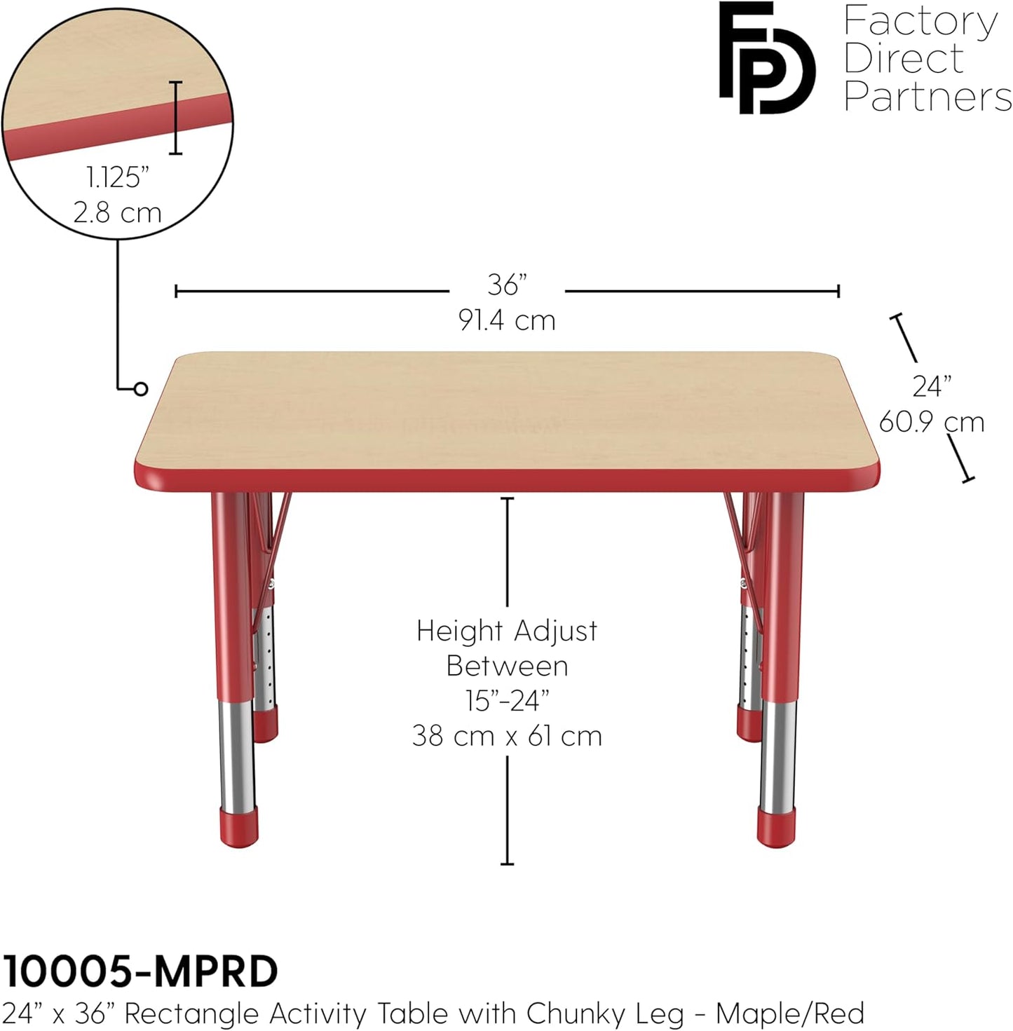 FDP Rectangle Activity School and Classroom Kids Table (24 x 36 inch), Chunky Toddler Leg, Adjustable Height 15-24 inches - Maple Top and Red Edge