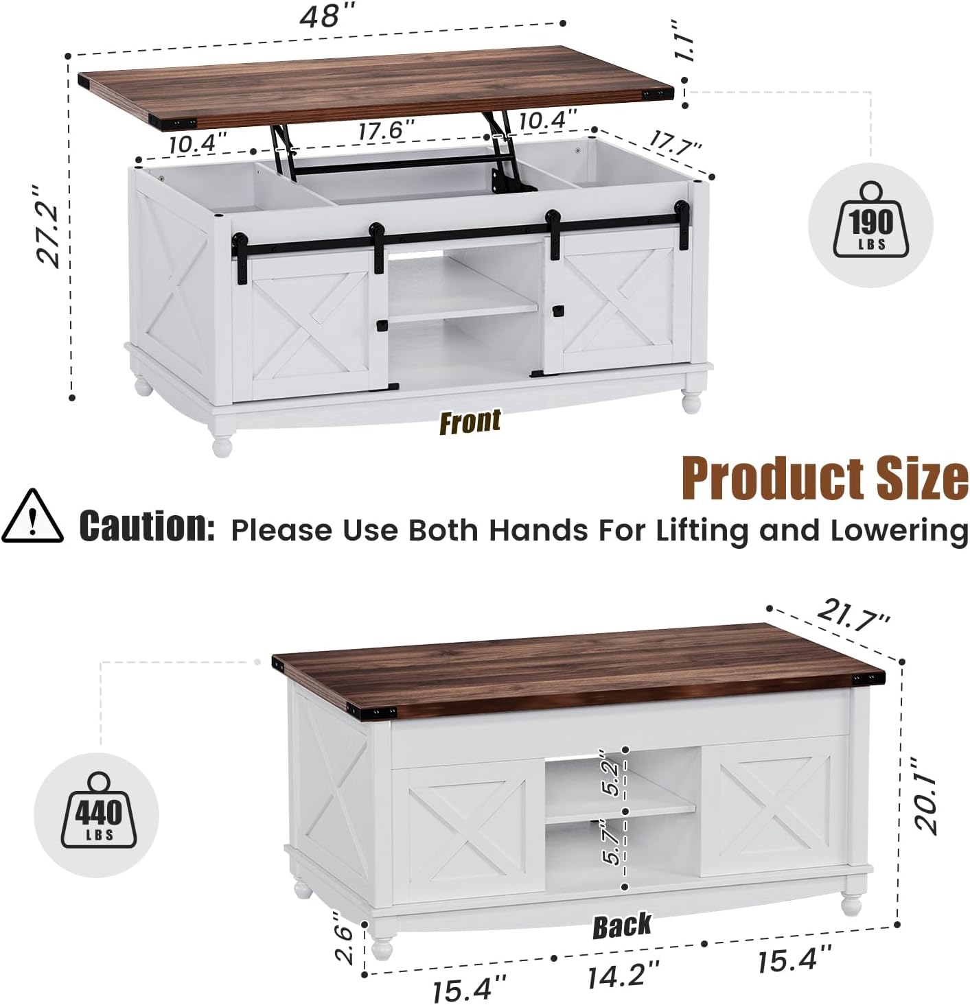 48" Farmhouse Lift Top Coffee Table with Storage Sliding Barn Door & Large Hidden Compartment, Coffee Table with Lifting Top with Wooden Lift Tabletop, Coffee Tables for Living Room, White