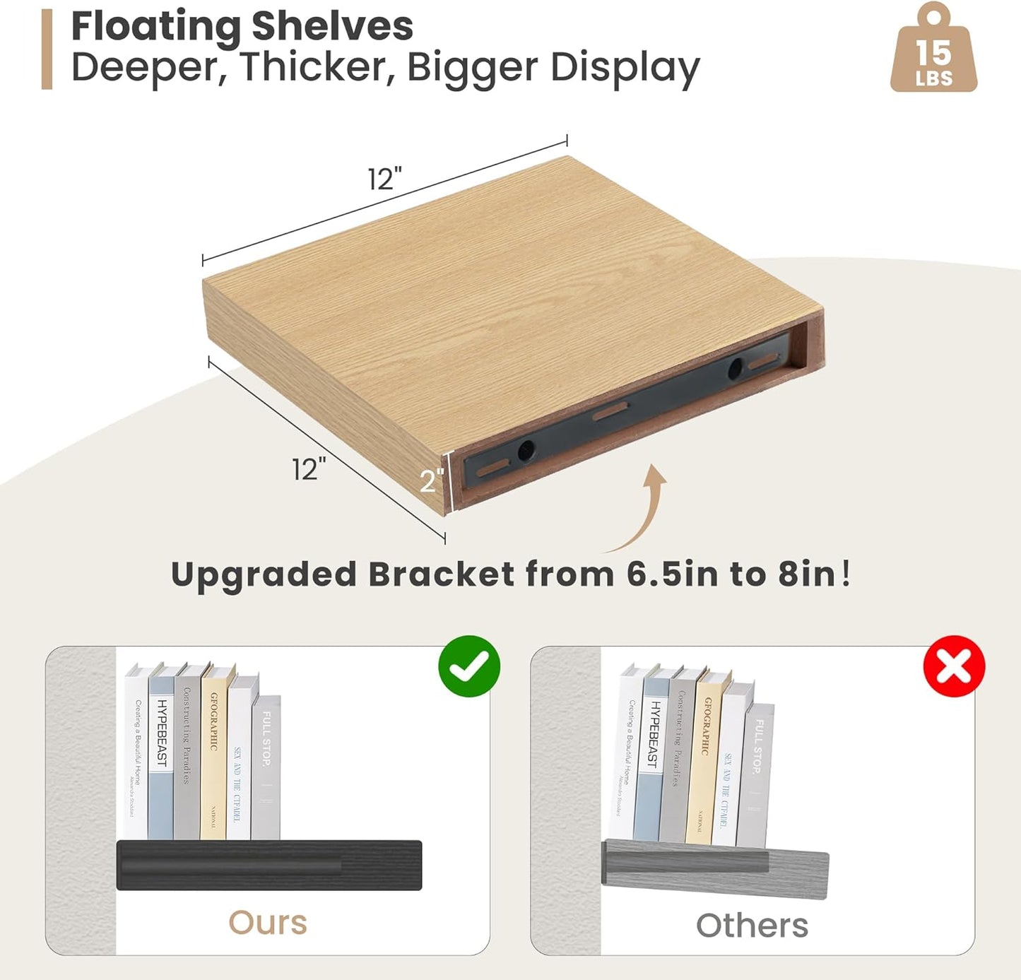 Heimlove 12 Inch Deep Floating Shelves, 12 x 12 inches Long Wall Shelf, Large Extra Display Shelf & Storage Shelf, Rustic Wood Wall Shelves for Fireplace Mantel, Oak - 2Pack