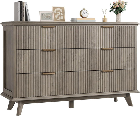QUW Fluted Dresser for Bedroom with 6 Drawers, 47.2" Wide Modern Chest of Drawers with Metal Handle, Wooden Dresser TV Stand and Closet Clothes Storage Organizer for Living Room, Hallway, Grey